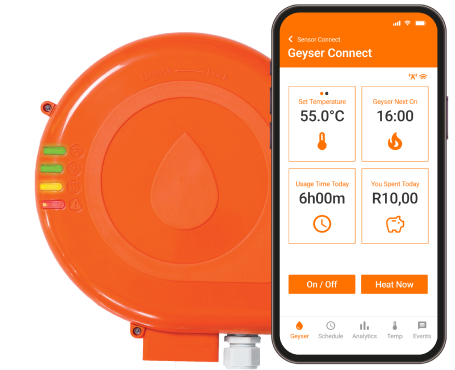The orange Geyser Connect controller next to a phone running the Sensor Connect app, showing temperature, next heating time, usage, and Heat Now controls