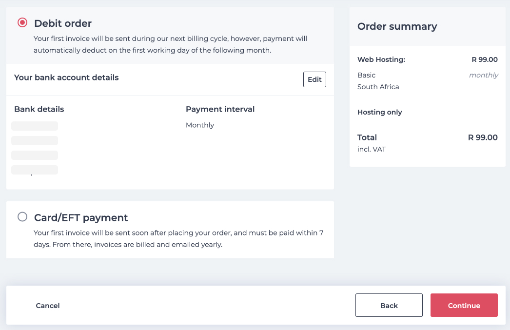 Web Hosting payment method step in xCP