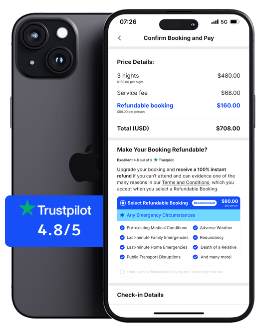 Refund Protect on mobile: the refundable booking upgrade inside a checkout flow, alongside a 4.8/5 Trustpilot badge